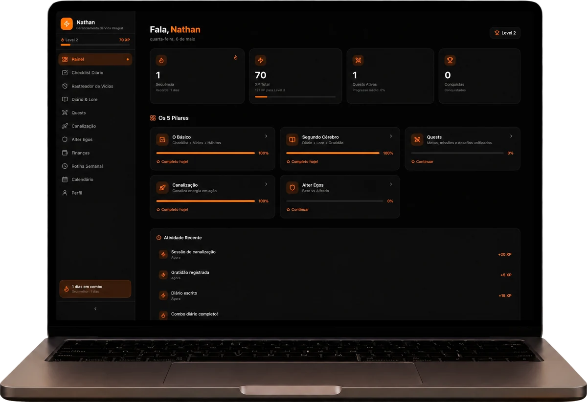 MBC Planner em uso: dashboard com nivel, XP, sequencia e 5 pilares